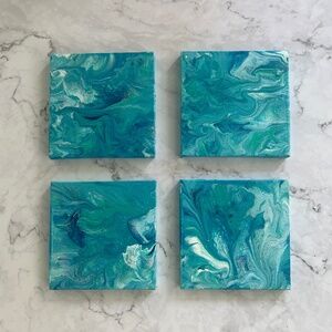 Dive into the Serenity: Set of 4 Ocean-inspired Fluid Acrylic Pour Paintings